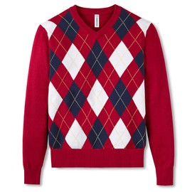 BOBOYOYO Boys Argyle Sweater 100% Cotton Cable Knit Boys Uniform Sweater V-Neck Christmas Kids Pullover for Children 5-14 Y Red
