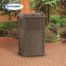 Suncast 33 Gallon Commercial Outdoor Trashcan Hideaway with Lid for 30 to 33 Gallon Trash Bags for Garage, Backyard, or Garden, Brown