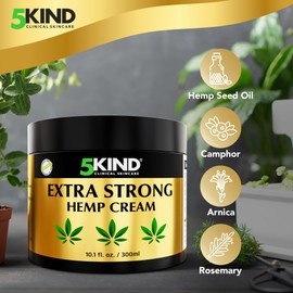 5KIND Extra Strong Hemp Cream - Maximum Strength - Natural Soothing Relief - Muscle Rub for Lower Back, Joints, Neck, Knees, Shoulders - 10.1 fl oz