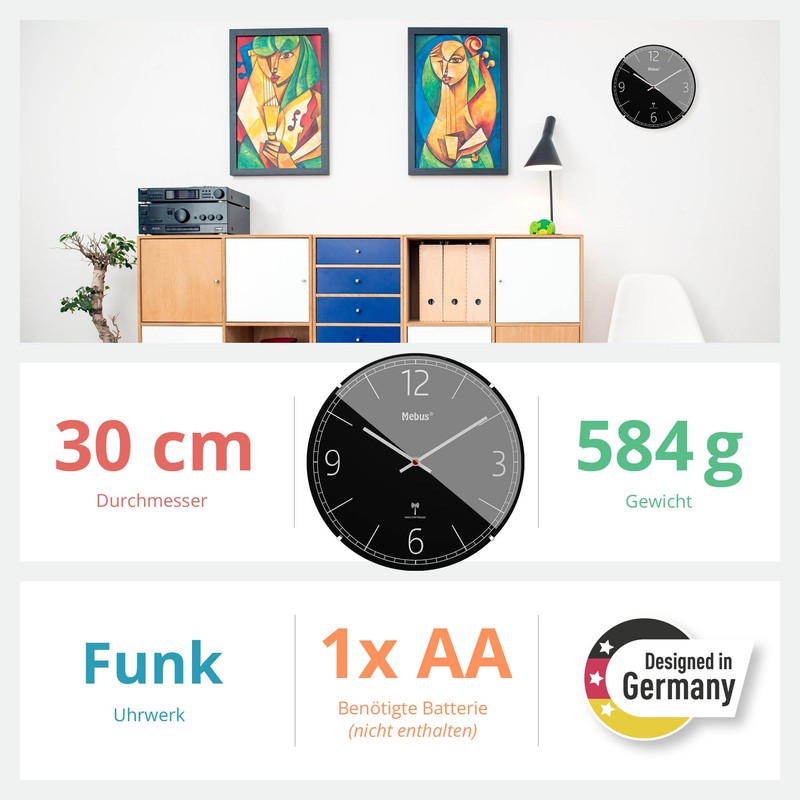 Mebus Radio Controlled Wall Clock Silent Dome Glass Frameless Black