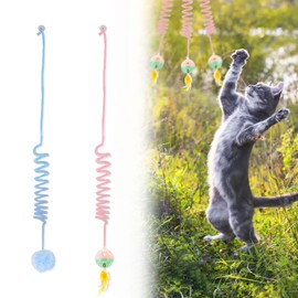 WishLotus Interactive Cat Toys, 2 Pack Soft Plush Cat Toys for Indoor Cats Self-Hanging Door Cat Plush Toys with Bells Long Tail Elastic Indoor Cat Toys for Cat Chase Play and Kill Time (Pink+Blue)