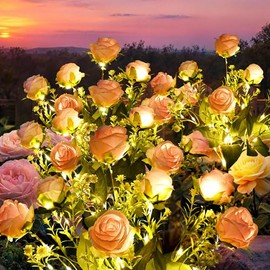GIGALUMI - Luces solares para exteriores para decoración de jardín, paquete de 4 luces solares de flores impermeables, 2 modos de iluminación, 28 flor