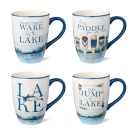 Wake at the Lake 14-Ounce Mugs, Set of 4, Lakeside-Inspired Designs with Oars & Water Scenes, Durable Ceramic, Dishwasher & Microwave Safe, Cozy Coffee & Tea Cups for Everyday Use