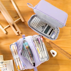 MAMUNU Pencil Case with Large Capacity Pencil Case 3 Compartments for Boys Girls Portable Pencil Case School for Students Adults Women School & Office Makeup, Purple, Cosmetic bag