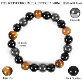 Denchy Triple Protection Bracelet, Tigers Eye - Black Obsidian and Hematite Beaded Bracelets for Men Women, Tourmaline Spiritual Natural Crystal Stone Luck Bracelet, Birthday Mother's Day Gift (10mm