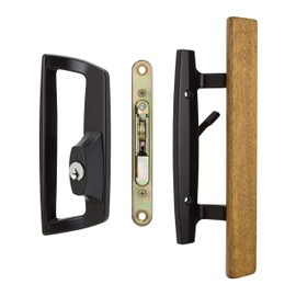 Bali NAI Sliding Glass Door Handle and Mortise Lock Set with Oak Wood Pull in Black Finish, Includes Key Cylinder, Standard 3-15/16” CTC Screw Holes, 1-1/2" Door Thickness- for Right Hand Doors