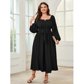 SCOMCHIC Women Plus Size Maxi Dress Long Sleeve Square Neck Wedding Guest Cocktail Belted Elegant Flowy A Line Long Dresses Black