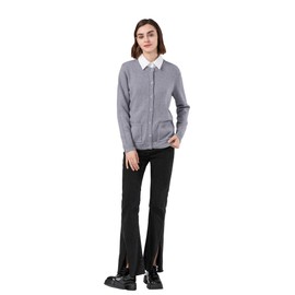 SMILING PINKER Women Crew Neck Cardigan Medium Weight Button UP Sweater Top with Pockets(Grey,Medium)