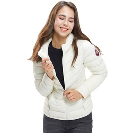 Extreme Pop Womens Pure Goose Down Hooded Jacket for Winter in Black and Pink (M, Beige)