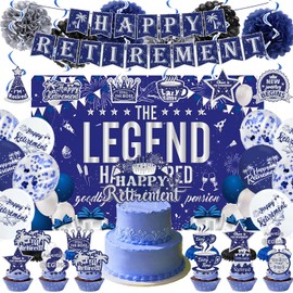 Happy Retirement Party Decorations Men Women, Blue and White Retirement Party Decorations, Happy Banner, Backdrop, Hanging Swirls, Honeycomb Centerpiece