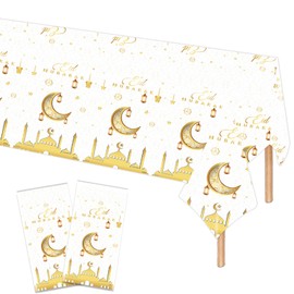 POPOYU Pack of 2 Ramadan Tablecloths, White Gold, 137 cm x 274 cm, Large Eid Ramadan Mubarak Tablecloth, Ramadan Table Cover, Ramadan Decorative Tablecloth for Mubarak, Islam, Muslim Party
