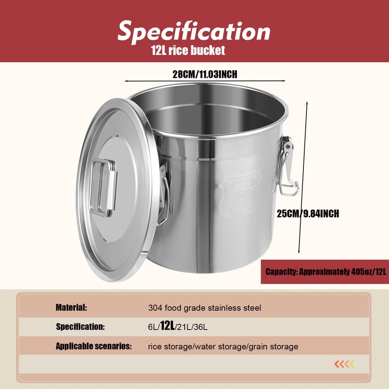 QaalSXytor 【Upgraded 304 Stainless Steel】 12L/3.2Gal Airtight Canister for Kitchen