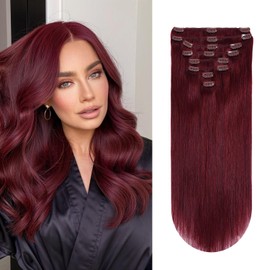 Yilite Clip in Hair Extensions - 20 Inch, 120g, 8pcs, Real Human,Natural Silky,Double Weft, Burgundy