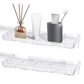 Roucerlin Water Ripple Clear Shower Shelves with Self Adhesive Tape, Wall Mounted Transparent Shower Caddy, No Drill Floating Shower Rack Bathroom Wall Shelf Organizer Storage for Kitchen (2 Pack)