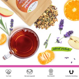 Loran Tee Lanvendel-Mandarin Fruit Tea 150 g, Stand Up Bag with Loose Tea, Tea with Fruit Pieces Aroma, Vegan