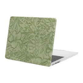 MOSISO Compatible with MacBook Air 13 inch Case 2025 2024 2023 M4 A3240 M3 A3113 M2 A2681, Embossed Retro Hibiscus Texture PU Leather Coated Hard Shell Cover for MacBook Air 13.6 inch Case, Green