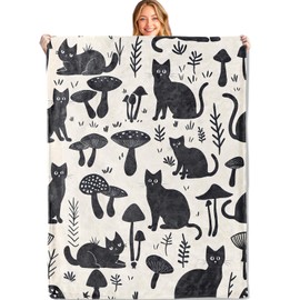 MIEPOS Black Cat and Mushroom Throw Blanket,60x80in,Soft, Lightweight Flannel,Adorable Cats Blankets,Gifts for Kids & Aniaml Lovers,for Couch Travel Picnics,Beach Lounging Home Living Room Decor