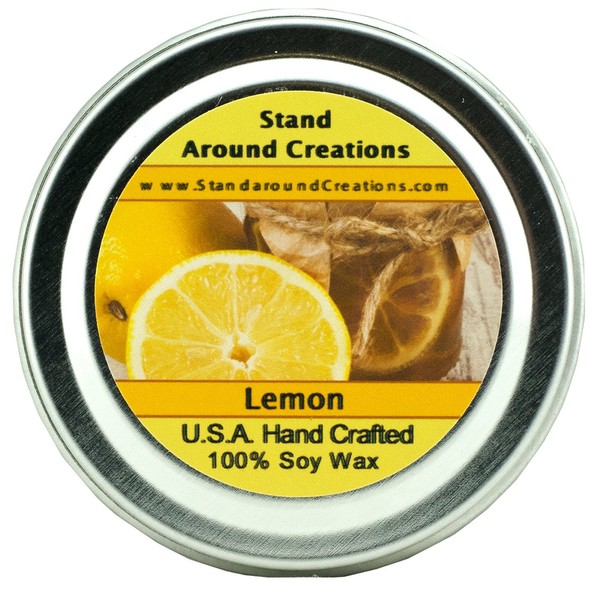 Premium 100% All Natural Soy Wax Aromatherapy Candle - 2 oz Tin Lemon - True Citrus. A Energizing Aroma. This Fragrance is Made with Natural Essential Lemon Oil.
