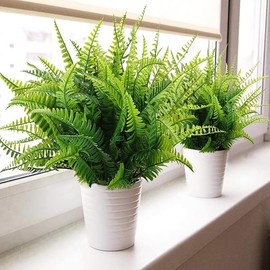 12 Pcs Artificial Outdoor Plants Greenery Fake Boston Fern Bushes Artificial Shrubs UV Resistant Plastic Plants