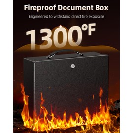 Uniclife Fireproof Document Box with Key Lock & Handle, 13" x 10.9" x 4.1", Large Metal Lock Box for A4 Paper, Water-Resistant Safe Box for Valuables, Passports & Cash, Portable Security Metal Chest