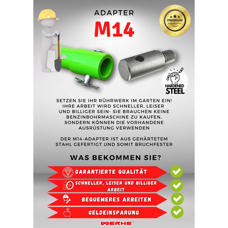 WERHE® Adapter M14 for Earth Auger with Quick Wing Bolts,