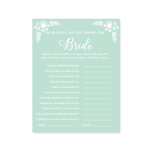 Andaz Press Floral Mint Green Wedding Collection, How Well Do You Know The Bride? Bridal Shower Game Cards, 20-Pack