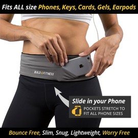 Build & Fitness Running Belt - Belt Pouch with Adjustable Waist Size, Key Clip - Fits All Phones, Keys, Cards - Belt Pouch for Women and Men - Running, Walking, Gym, Sports, grey