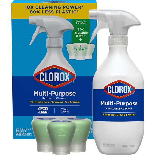 Clorox Multi-Purpose Cleaning Spray System Starter Kit, 1 All-Purpose Cleaner, 1 Spray Bottle and 3 Refills, Just Add Water Kitchen and Bathroom Cleaner, Citrus Groves Scent, 1.13 Ounces Each