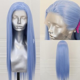 ELESTY Ice Blue Hair Synthetic Lace Front Wig Long Straight Light Blue Lace Front Synthetic Wig Heat Resistant Fiber Hair Pre Plucked Natural Hairline Glueless Lace Wig for Fashion Women 24Inch