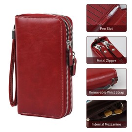 Wisebom Long Leather Wallets Unisex, PU Leather Purses with 2 Zippers Removable Wrist Strap, Soft Wallet with Compartments Card Slots RFID Blocking Cash Holder Cards Organizer (Retro Red)