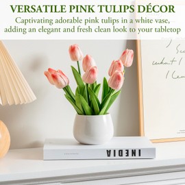 MyGift Realistic Artificial Pink Tulips in White Ceramic Vase – Faux Tulip Flower Arrangement for Home & Office Decor, Potted Tabletop Fake Plants in Round Ceramic Planter, Elegant Spring Decor