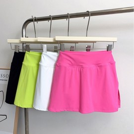 High-Waist Faux Two-Piece Yoga Skirt & Sports Shorts with Side Slit, High Elasticity Slimming L (57.50 Kg-62.50 Kg)/Black [Anti-Roll Waistband Lining Pocket] 5ea