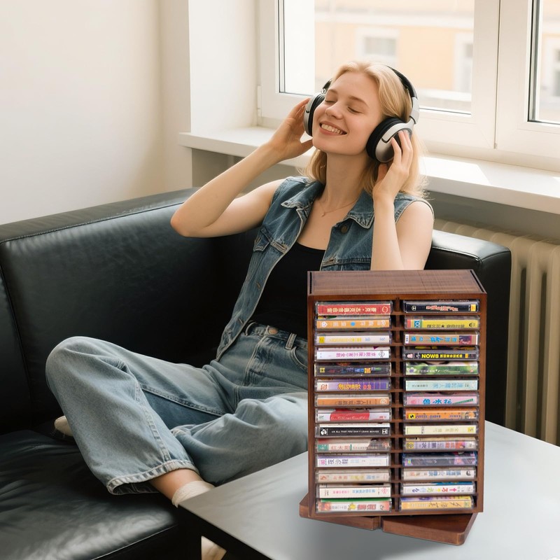 WodGod Cassette Tape Storage Box, Wood Cassette Rack, Wooden Cassette