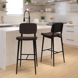 Flash Furniture Kenzie Commercial Grade Mid-Back Barstools - Brown LeatherSoft Upholstery - Black Iron Frame with Integrated Footrest - Set of 2
