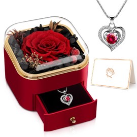 LURLIN Birthday Day Rose Gifts for Women, Preserved Flowers Rose Gift for Mom, Jewelry Box with Necklace, Forever Rose for Grandma Wife Friend Teacher, Nurse, Anniversary Day Girls Gift for Her