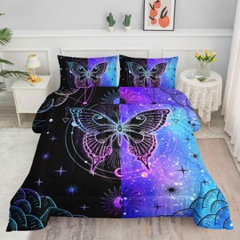 Datura home Black Blue Butterfly Comforter Set for Girls Women,Boho Butterfly Sun and Moon Mandala Printed Bedding Set with 2 Pillowcases(Black Blue Full)