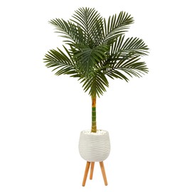 Nearly Natural 5ft. Golden Cane Artificial Palm Tree in White Planter with Stand