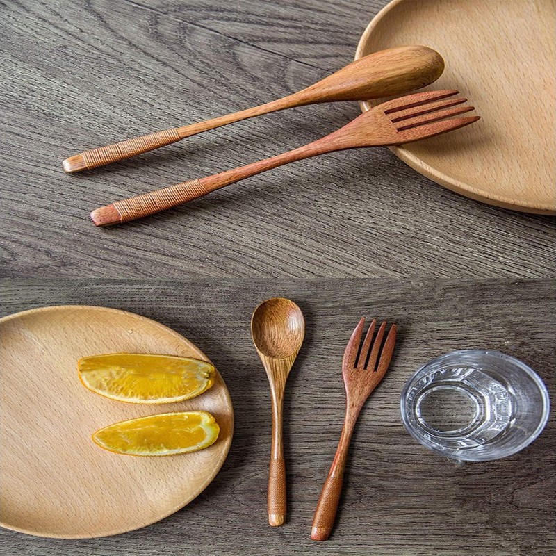 XMHF Wooden 9 inch Japanese Spoon Fork Set Kitchen Tableware