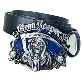 DIANKUZHAN Men's Leather Belt Grim Reaper Skull Plaque Casual Cowboy Buckle Men with removable buckle Perfect Fit Waist Size up to 50 inches