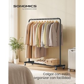 SONGMICS Perchero para Ropa, Burro Ropa con Ruedas, para Dormitorio, Carga de 50 kg, 38 x 110 x 141.5 cm, Negro Tinta MHSR016BH01