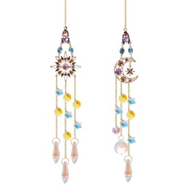 2Pcs Hanging Crystal Sun Catcher, Sun、Moon Star Crystal Prism Chain Rainbow Sun Catcher, Home Garden Windows Car Indoor Outdoor, Wedding Decoration (Sun + Moon Combination)
