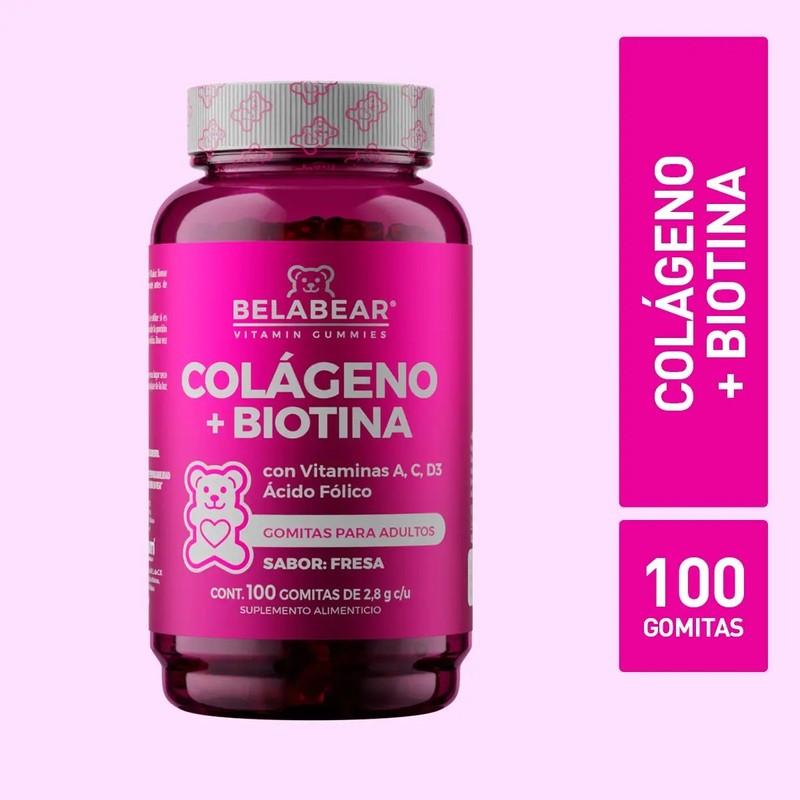 Belabear Colágeno Biotina 100 Gomitas Sabor Fresa