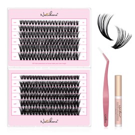 NATUHANA DIY Eyelash Extension Kit, 50P + 60P Volume Lash Cluster, 8-16 mm Mixed Tray, 0.07 mm, DIY Eyelash Extension, 240 Pieces Eyelash Cluster Kit with Eyelashes, Tweezers & Glue (50p + 60p-Black