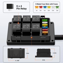 6 Way Waterproof Fuse Relay Box 12v Automotive Relay and Fuse Box Pre-wired with 6 Slot Relays and 6 Slot ATC/ATO Blade FusesRated Voltage: 12 V