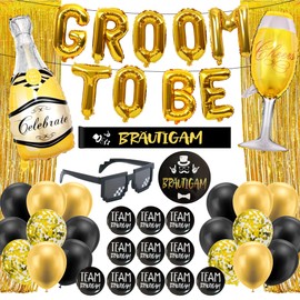 JGA Decorative Men Groom Balloons - Pack of 44 Gold Groom To Be Alphabet Foil Balloons Banner Pin Sash for Stag Party Men Proposal Engagement Wedding Decorations Supplies