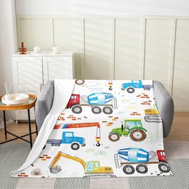 Cartoon Excavator Throw Blanket for Kids Boys Girls Cartoon Vehicles Fleece Blanket Kids Construction Site Car Flannel Blanket Bedroom Sofa Decoration Colorful Tractor Truck Plush Blanket Warm Soft
