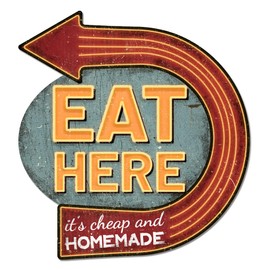 GLOBLELAND Eat Here Vintage Metal Tin Sign, Retro Arrow Plaque, Poster Metal Wall, Decorative Tin Signs for Home, Kitchen, Restaurant, Cafe, Club, Bar Decoration