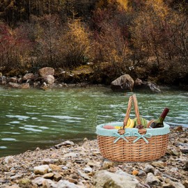 G GOOD GAIN Oval Picnic Basket with Folding Handles, Willow Hand Woven Shopping Basket, Bath Toy Kids Toy Storage Gift Packing Basket, Wicker Empty Easter Eggs and Candy Small Gift Basket.Green