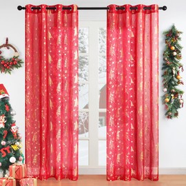 Topfinel Christmas Curtains with Eyelets, Set of 2, Christmas Red, 245 x 140 cm, Transparent Christmas Decoration for Living Room, Children's Room, Balcony Door and Window