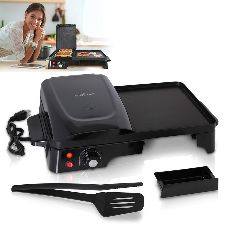 Nutrichef 2-in-1 Panini Press Grill & Griddle | Nonstick Coating,